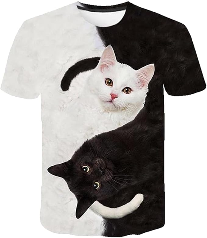 Rakuten - 黒白猫2匹 総柄Tシャツ ユニセックス 半袖 3dプリント 面白いtシャツ カジュアル tシャツ