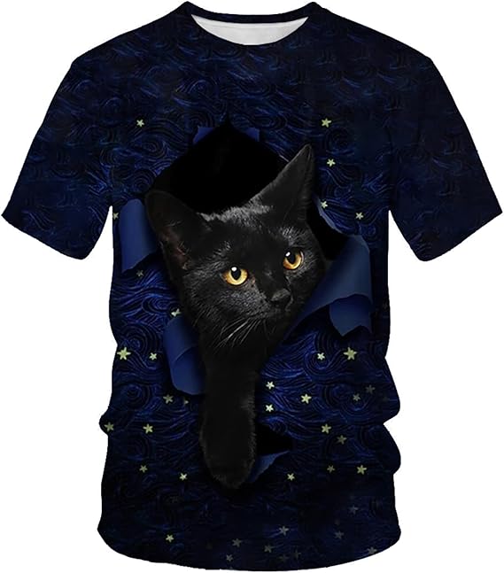 Rakuten - 星と猫 総柄Tシャツ ユニセックス 半袖 3dプリント 面白いtシャツ カジュアル tシャツ