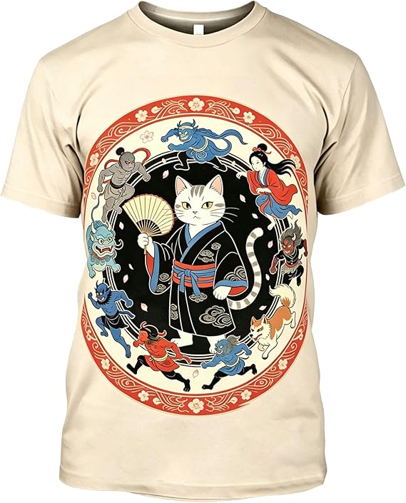 Rakuten - 陰陽師猫 総柄Tシャツ ユニセックス 半袖 3dプリント 面白いtシャツ カジュアル tシャツ