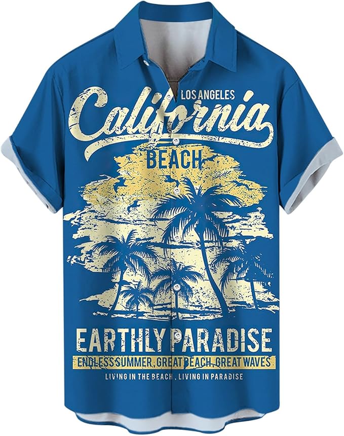 カリフォルニアのビーチ ライトブルー ハワイアン メンズ ボタンダウン 折り襟 カジュアル トロピカル トップス ビーチ バケーション 半袖 シャツ アロハシャツ おもしろ 総柄シャツ「胸ポケットなし」