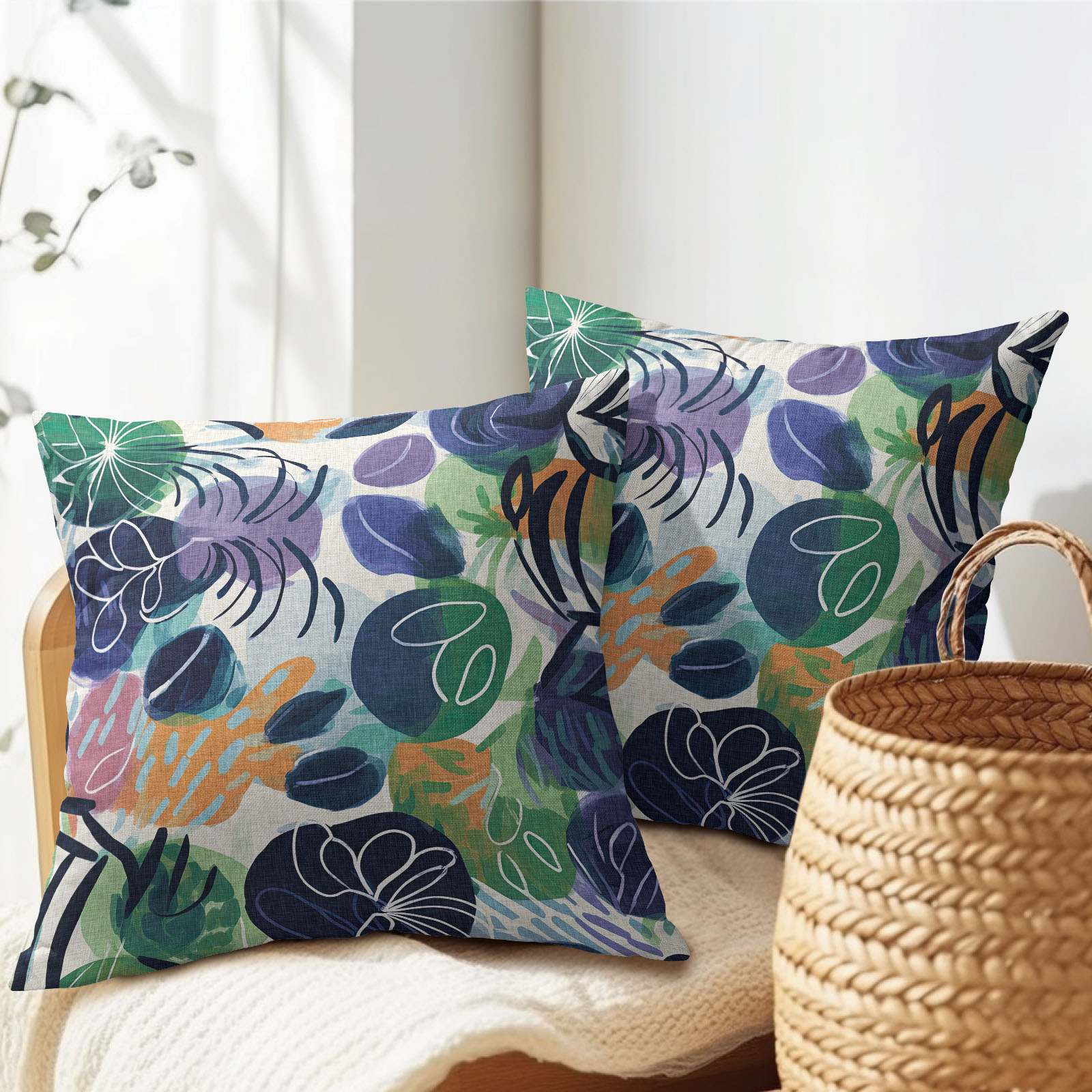 PAKAZA クッションカバー 45×45cm 織り目テクスチャ 布感 素朴 紡績風 花柄 蝶と葉 繊細なステッチ模様 刺繍風 手工芸風 ナチュラルスタイル 自然 2枚セット