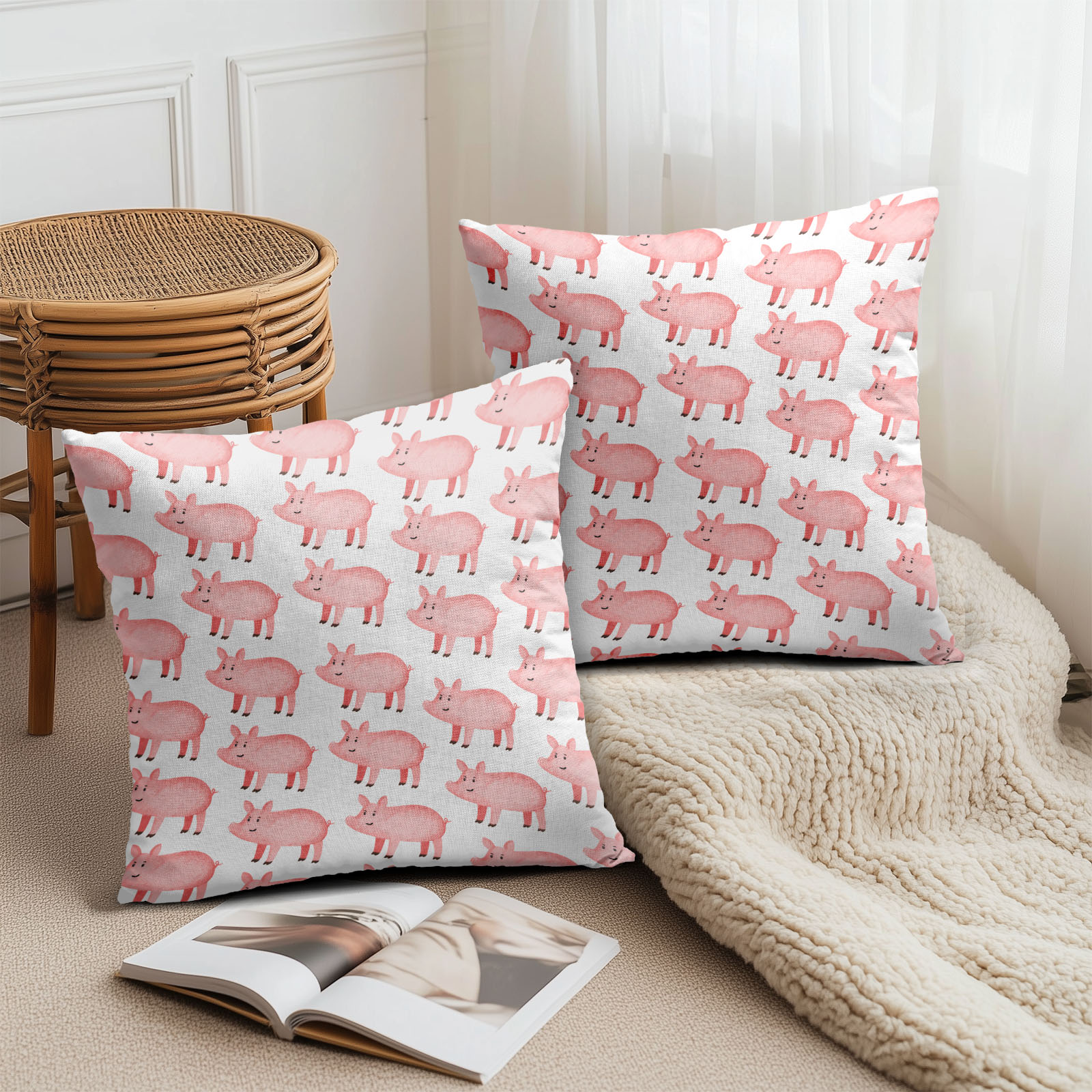 PAKAZA クッションカバー 30×30cm 40×40cm 45×45cm 50×50cm 55×55cm 60×60cm かわいい豚 ほのぼのとし..