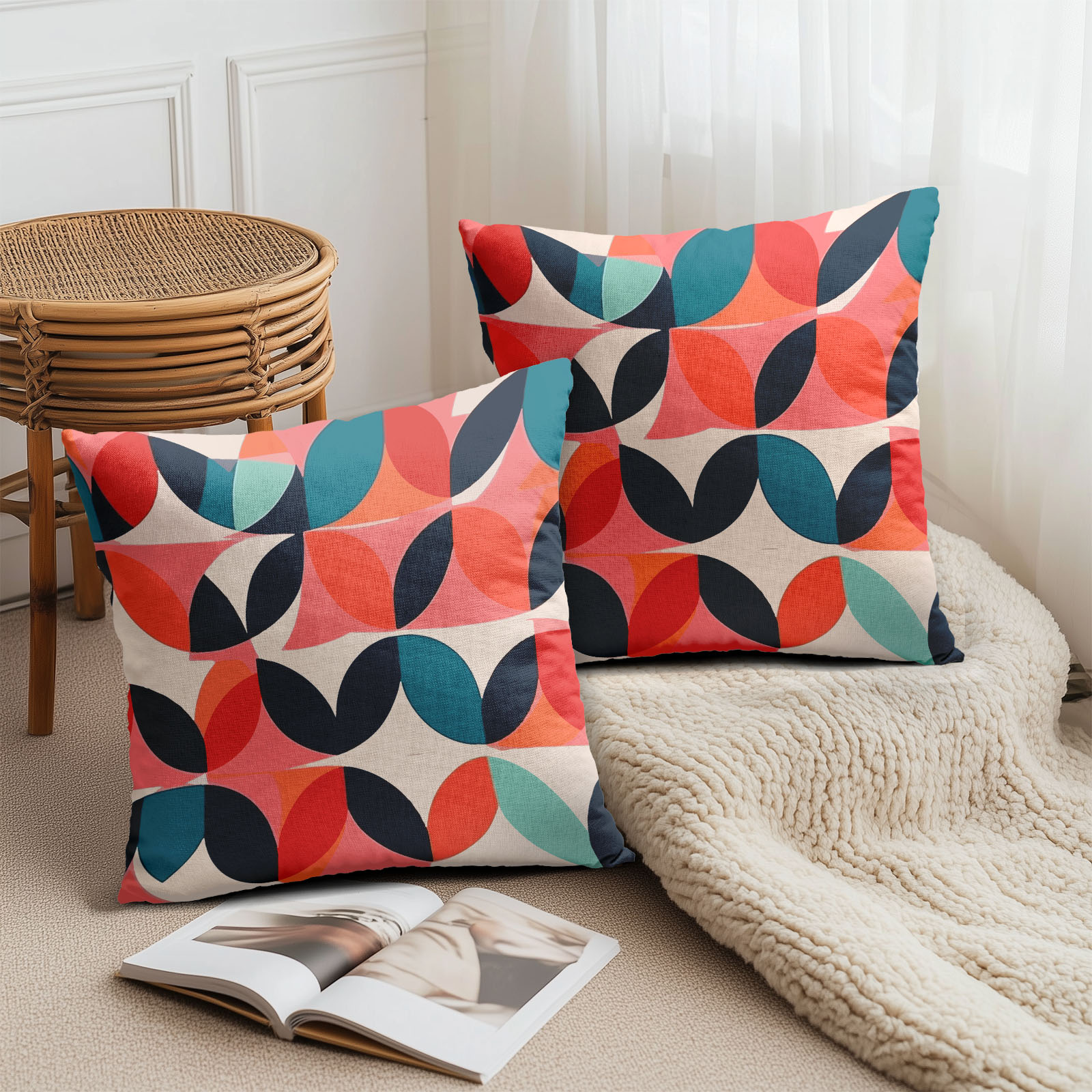 クッションカバー 抽象的なデザイン 鮮やかな色使い 斬新な形 幾何学的な模様 モダンなインテリア 鮮明..