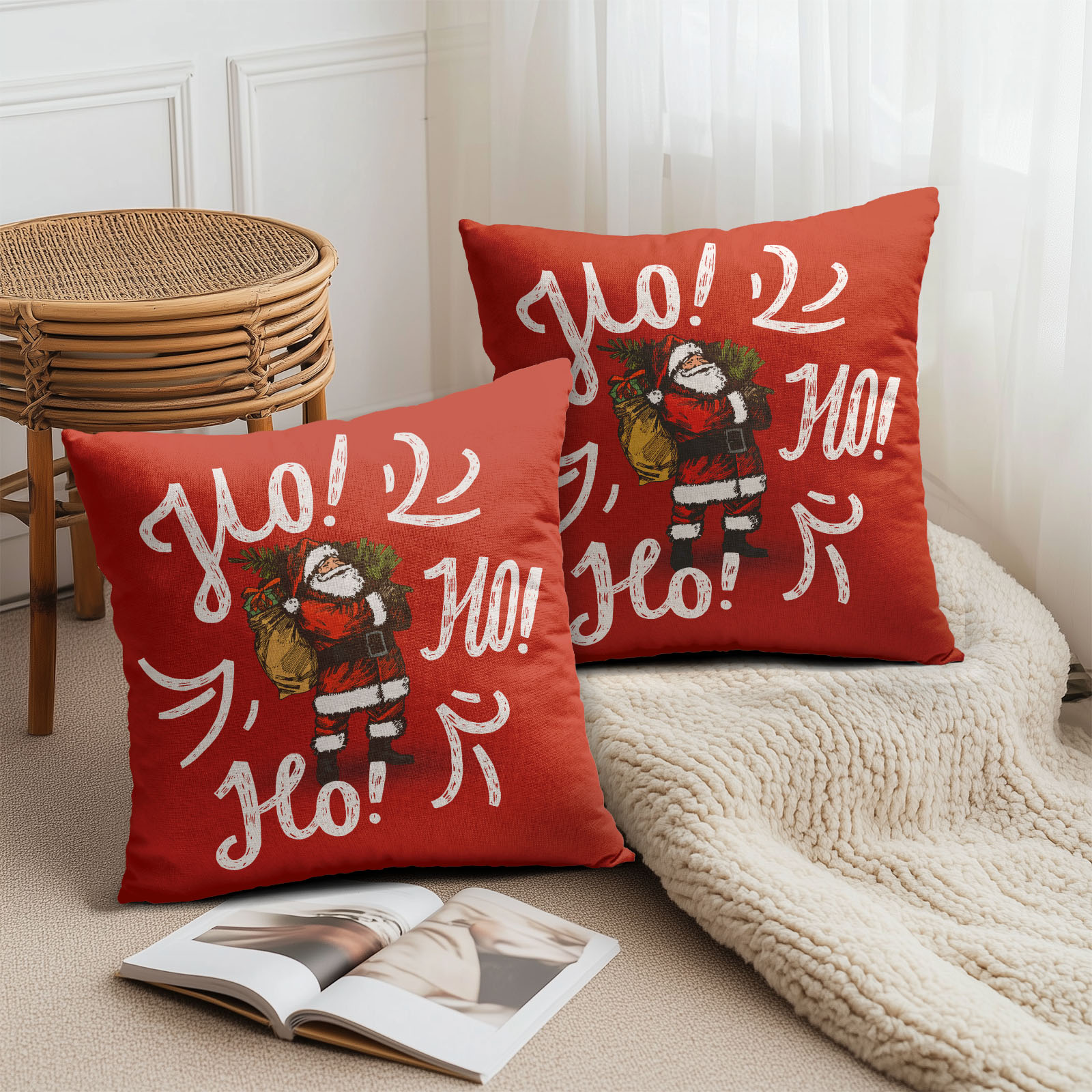 【楽天スーパーSALE】クッションカバー サンタクロース 大きな袋ギフト クリスマス 楽しい雰囲気 Ho! Ho! Ho!手描き 文字入り 2枚セット 30×30cm 40×40cm 45×45cm 50×50cm 55×55cm 60×60cm パーティー飾り 家族向け 冬のインテリア プレゼント