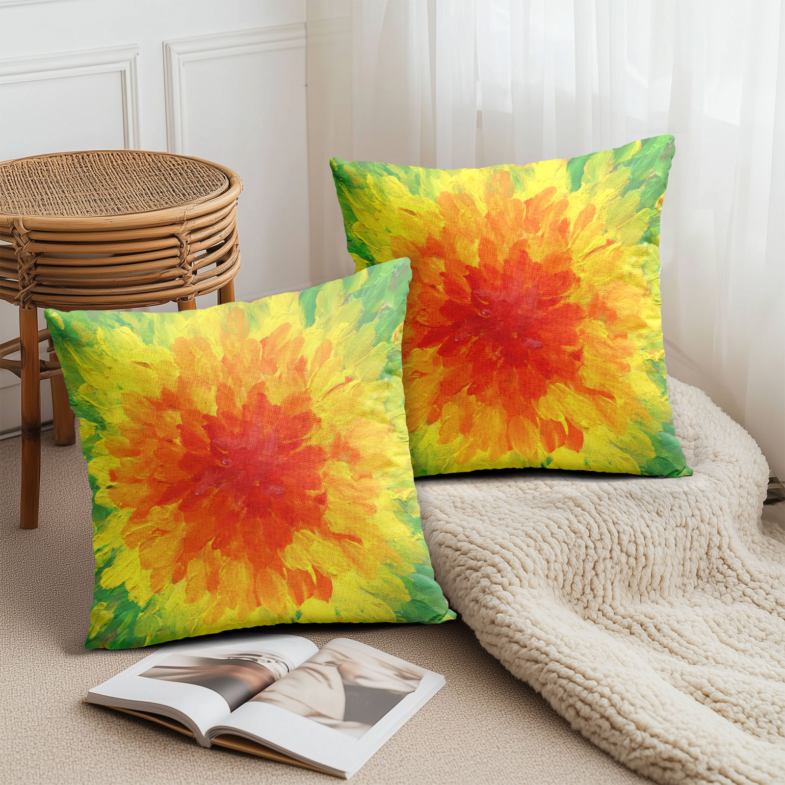 Rakuten - クッションカバー 2枚セット 30×30cm 40×40cm 45×45cm 50×50cm 55×55cm 60×60cm 咲き乱れるひまわり 手描き花 油絵風 黄色とオレンジ 抽象的な花 明るく元気な印象 自然の美しさ 北欧風 明るい雰囲気 モダン おしゃれ 華やか プレゼント PAKAZA
