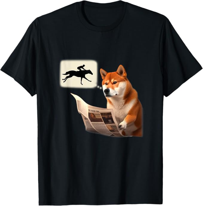 乐天商城 - 競馬新聞を読み競馬予想をする柴犬 競馬 馬Tシャツ 柴犬 シバイヌ 面白いtシャツ ウマ レース 馬 乗馬 メンズ おもしろグッズ ネタ 大人　男性 Tシャツ