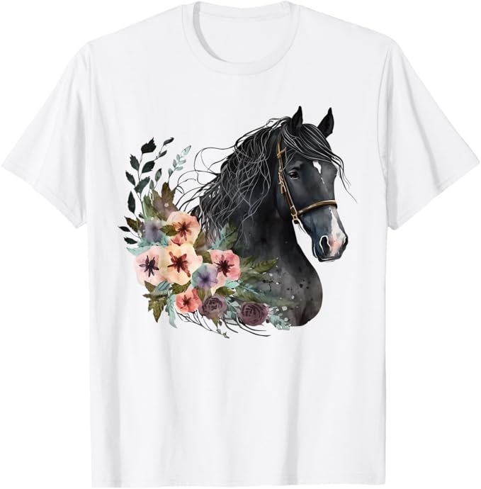 Rakuten - 花を持つ黒い馬 Tシャツ