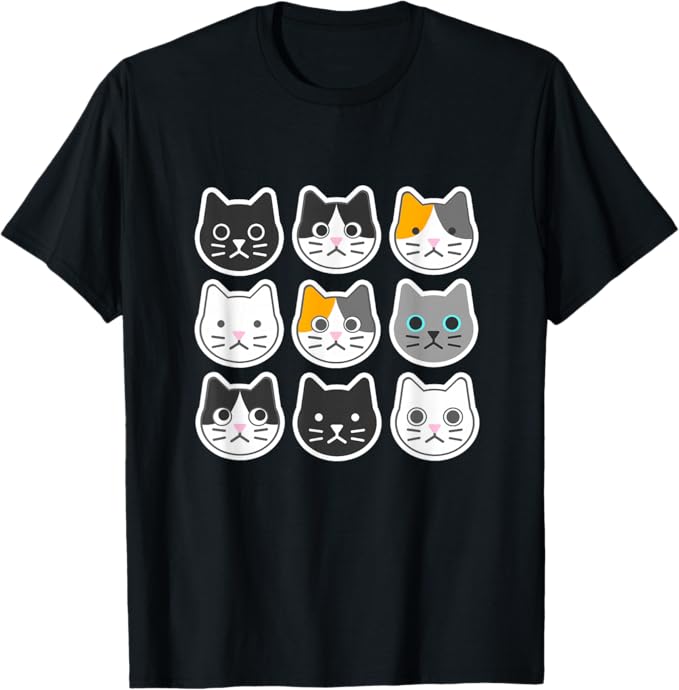 乐天商城 - ねこ 9 猫《黒・白・ハチワレ・三毛・ロシアン》顔 ゆるくて かわいい 動物 イラスト Tシャツ