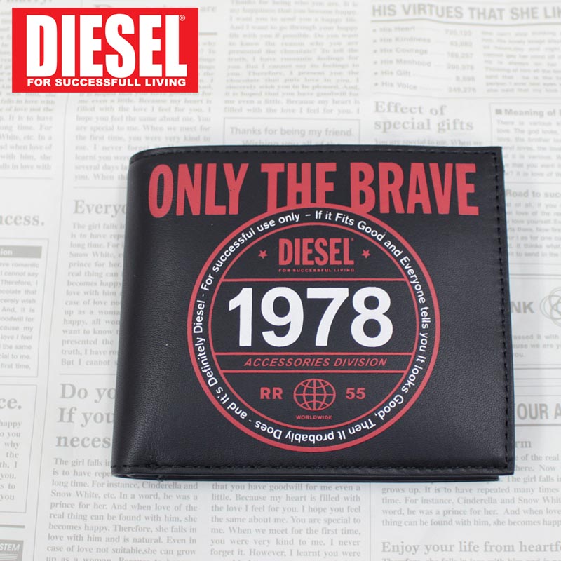 ディーゼル 財布（メンズ） 送料無料 DIESEL ディーゼル ウォレット 2つ折り 財布 レザー財布 本革 羊革 ブランド ロゴワッペン シーズナルロゴ 黒 HIRESH S MC メンズ レディース ユニセックス プレゼント ギフト トップイズム