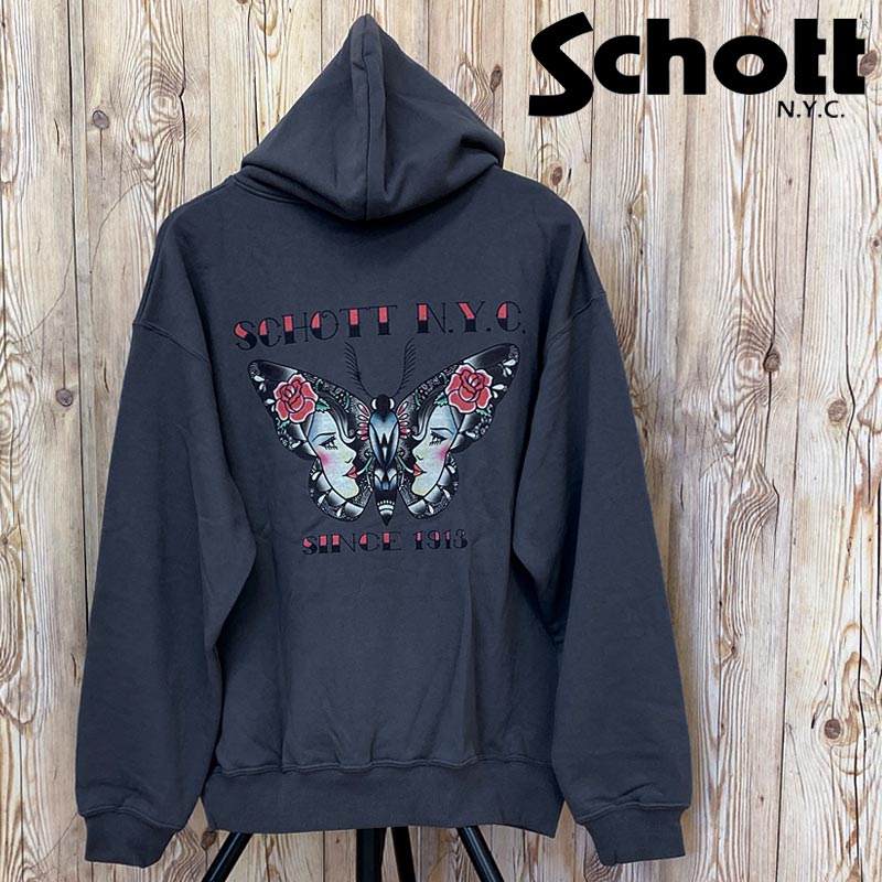 送料無料 Schott ショット HOODED SWEAT N.Y. バタフライ刺繍プルパーカー スウェット 裏毛 782-3231004 メンズ　ブランド トップイズム