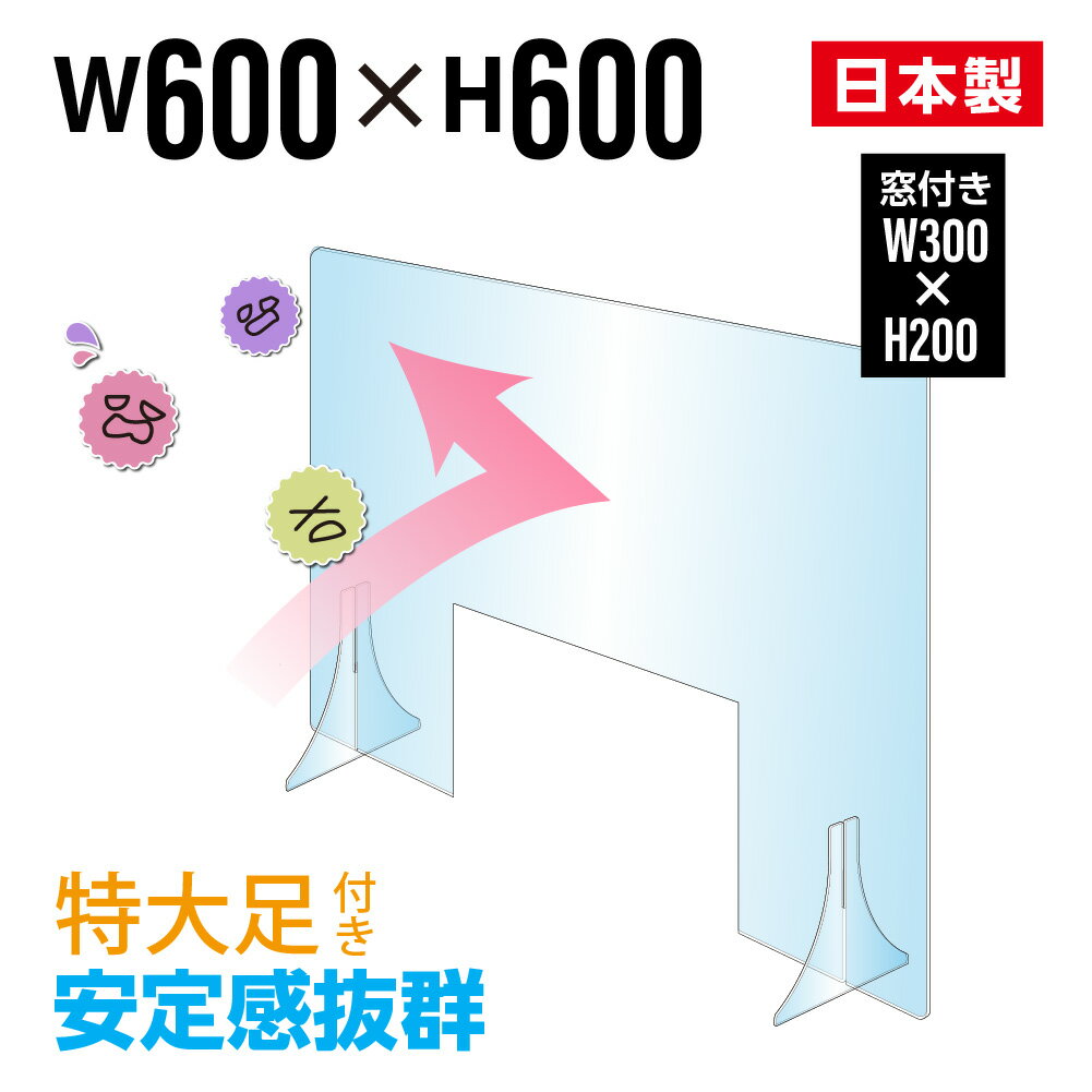 透明PETパーテーション W600×H600mm W300mm商品受け渡し窓あり 特大足付き 衝突防止 飛沫防止 デスクパーテーション 仕切り板 ウイルス対策 fpet-6060-m30