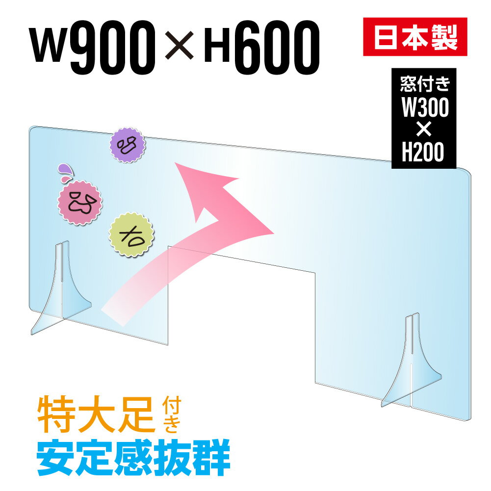 透明PETパーテーション W900×H600mm W300mm商品受け渡し窓あり 特大足付き 衝突防止 飛沫防止 デスクパーテーション 仕切り板 ウイルス対策 fpet-9060-m30