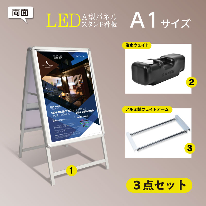 楽天頂点看板【改良型】LED看板 A型パネル看板 （立て看板 / スタンド看板 / 店舗用看板 / 屋外看板 / ポスター入れ替え式 / 両面看板 / 前面開閉式） LEDパネルグリップ式 A型看板 A1 両面 W640mm×H1200mm 【法人名義：代引可】3set-lps-a1d-sv