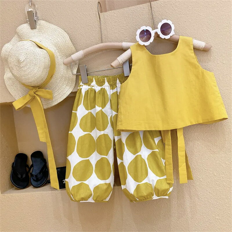 【送料無料】2024夏 子供服 女の子 韓国風 田園風 バックレス セット 薄手 トップス 女の子 タンクトップ ドット柄 パンツ 2点セット 綿