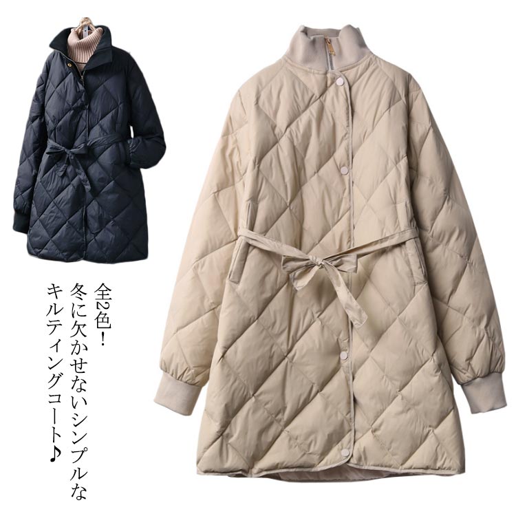 中綿コート レディース ミディアム丈 キルティング ロングコート 着痩せ ベルト付き アウター ゆったり 冬物 体型カ