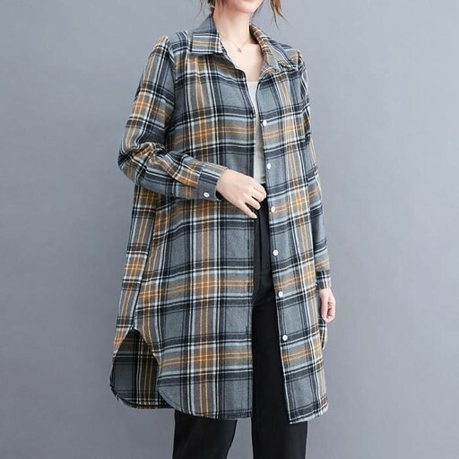 チェック柄 ロングシャツ レディース チュニック 長袖 春秋 トップス ゆったり 体型カバー きれいめ カジュアル 通勤 旅行 チェック柄 ロングシャツ レディース チュニック 長袖 春秋 トップス ゆったり 体型カバー きれいめ カジュアル 通勤 旅行
