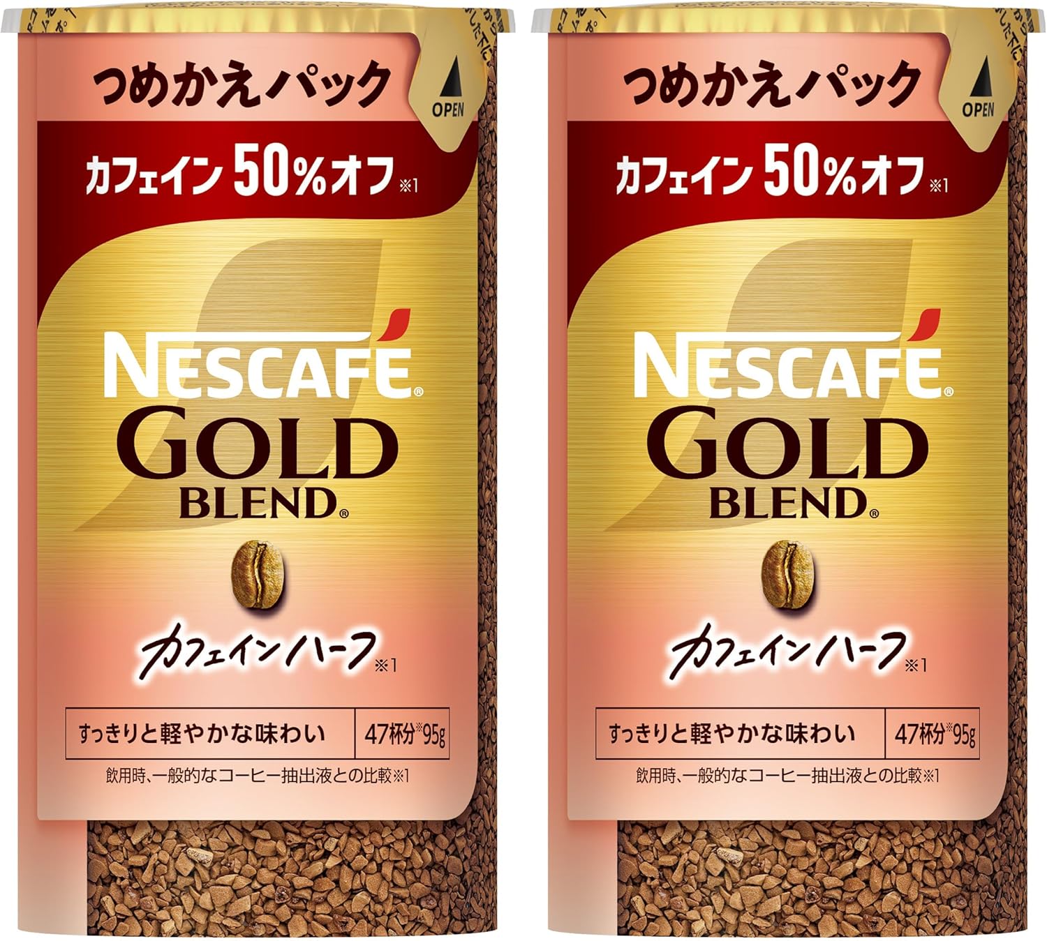 商品の初期不良を含め、不具合についてのお問い合わせはメーカーにお願い致します。・・・ ネスカフェ ゴールドブレンド カフェインハーフは、微粉砕した焙煎コーヒー豆の粒を包み込むことで、淹れたての上質な香りとコーヒー本来の味わい、雑味のない澄みきった後味を実現した「レギュラーソリュブルコーヒー」です。飲み終わった後、カップの底に見えるその粒こそが、確かな品質の証です。コーヒー豆本来の味わいをさらに追及し磨きぬかれたマイルドかつすっきり軽やかな味わいと、あふれる香りをお楽しみください。 ※本品2gを140mlのお湯に溶かしたコーヒー液を、日本食品標準成分表2020年版（八訂）「コーヒー浸出液」と比較し、カフェインが約1/2