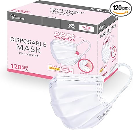 アイリスオーヤマ(IRIS OHYAMA) 不織布マスク プリーツ 大容量 120枚入 小さめサイズ 幅14.5センチ 耳が痛くならない ホワイト 白