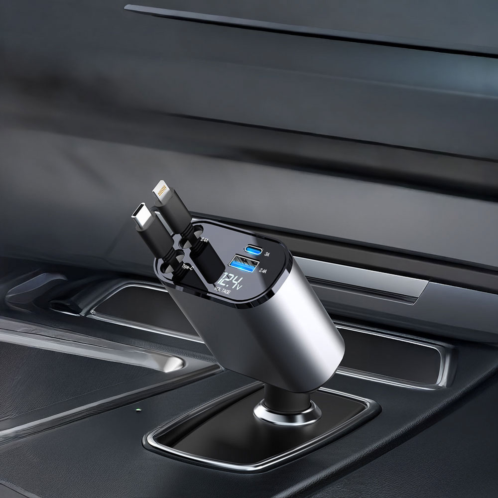 TRS TypeC×2 シガーソケット式車載充電器 巻き取り式コード付 PD対応 最大4台同時充電可能 380277