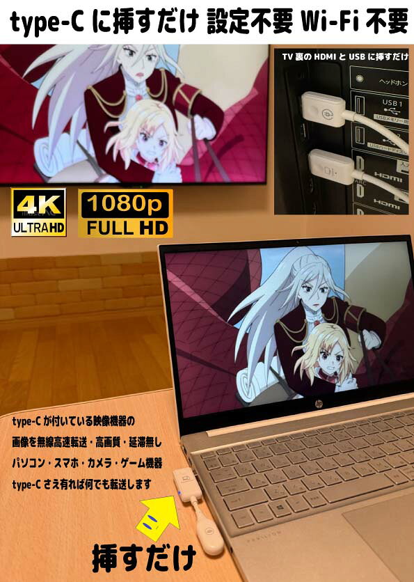 type-C�磻���쥹�������� �磻��쥹 HDMI�����������å� ����̵�� ���֥����ʤ�����ž�� �������� Wi-Fi���� �������� type-C���դ��Ƥ���ѥ�����/iPhone15/16/Android/���ޡ��ȥե���/Mac/Windows/�ץ쥹��/switch/����/ 4K 1080P 2.4G/5G �쥷���С� �ޤ������ǻȤ��ޤ�
