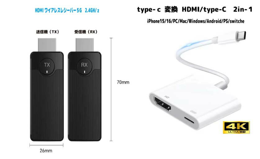 iPhone15/iPhone16 ワイヤレス HDMI送受信機/type-cコンバーターセット 4K 50m 小型無線 拡張モード トランスミッター レシーバ...