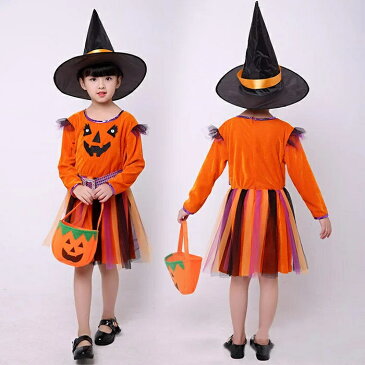 かぼちゃ ハロウィン 衣装 子供 魔女 コスプレ 子供用 ホラー オレンジ コスチューム HALLOWEEN 帽子付き 仮装 イベント 魔法使い こども チュール ワンピース 110 120 130 140 150 160cm 紫 こすぷれ