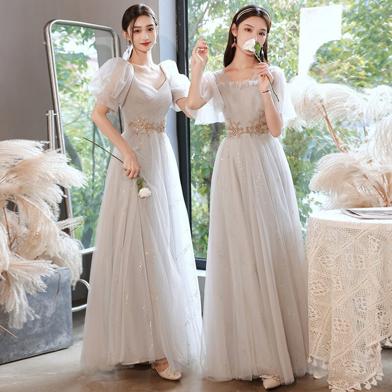 ワンピース パーティードレス 韓国 結婚式 ロング丈 チュール フリル ドレス 楽チン ゆったり レディース パーティー 夏 秋 大人 上品 結婚式 二次会 謝恩会 発表会 演奏会 可愛い 個性的 グレー 半袖 レース 大きいサイズ 丸襟 4種類