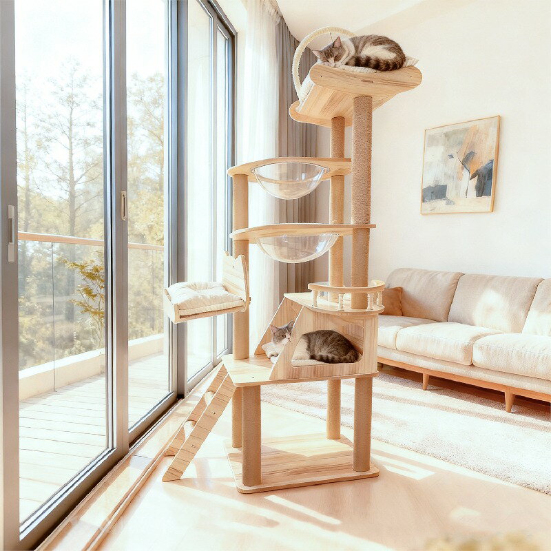 【3役一体】キャットタワー 爪とぎ 猫ハウス おもちゃ付き スペースキャビン2個搭載 多段式 登り棒 猫じゃらし 大型種も安心 耐荷重◎ シンプル ブラウン/グレー 部屋になじむ