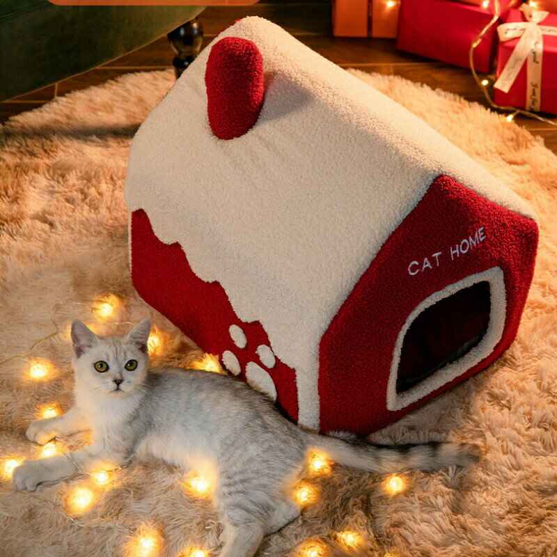 topvalueのペットベッド ドーム型 クリスマス 暖かい 猫ベッド冬用 ペットベッド 猫 ペット ベッド ドームハウス ベッド ドーム ハウス ペットテント クッション付き ペット用品 保温防寒 洗える 寒さ対策 滑り止め 快適 柔らかい半密閉式暖かいもこもこあったか ぐっすり眠れる｜アングル2