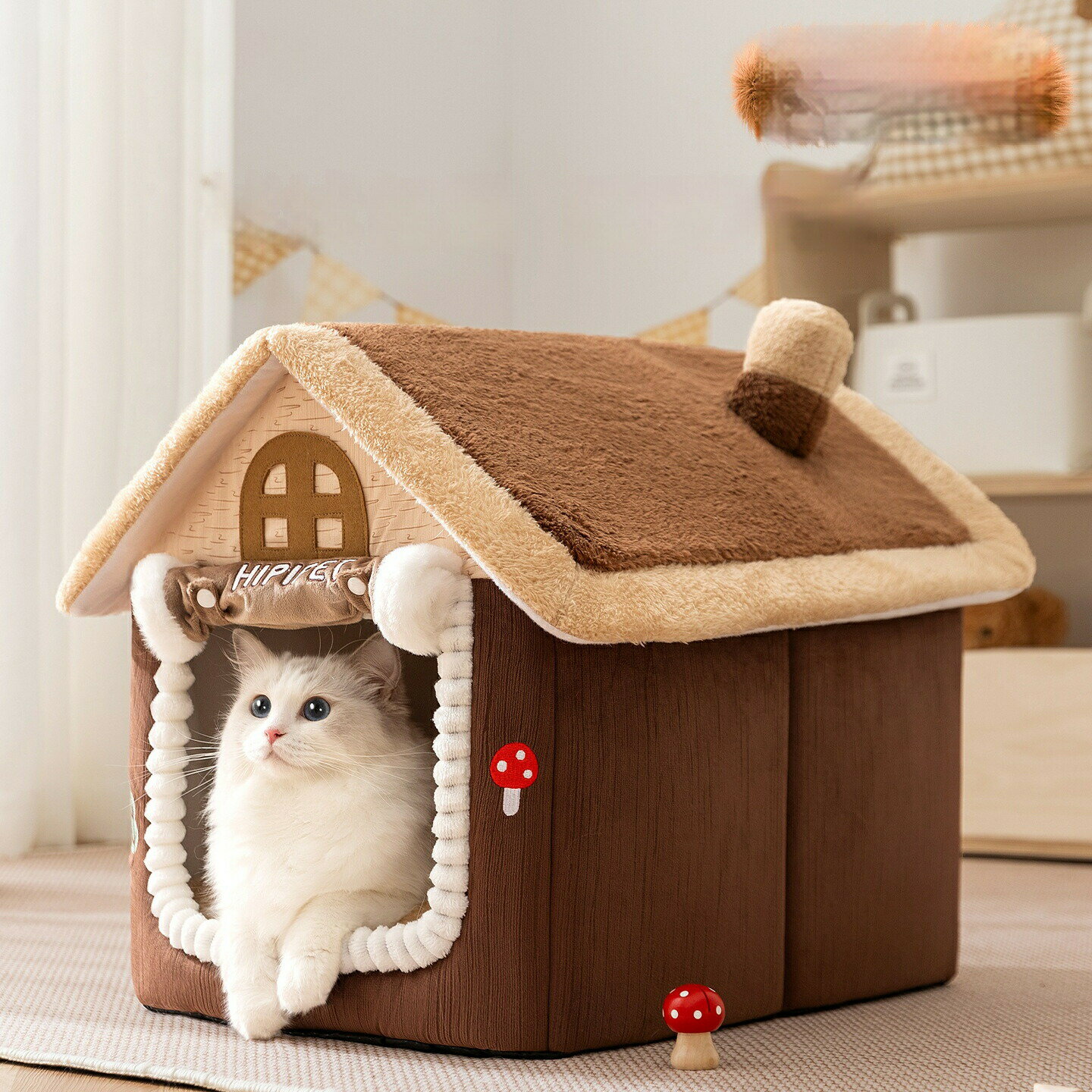 乐天商城 - ペットベッド 秋冬 猫用 ドーム型ペットベッド ドーム型 厚めクッション 保温 防寒 大型猫も広々 厚手 あったか 保温 リラックス空間 ペット用ベッド 猫 小型 中型犬 もこもこ ふんわり