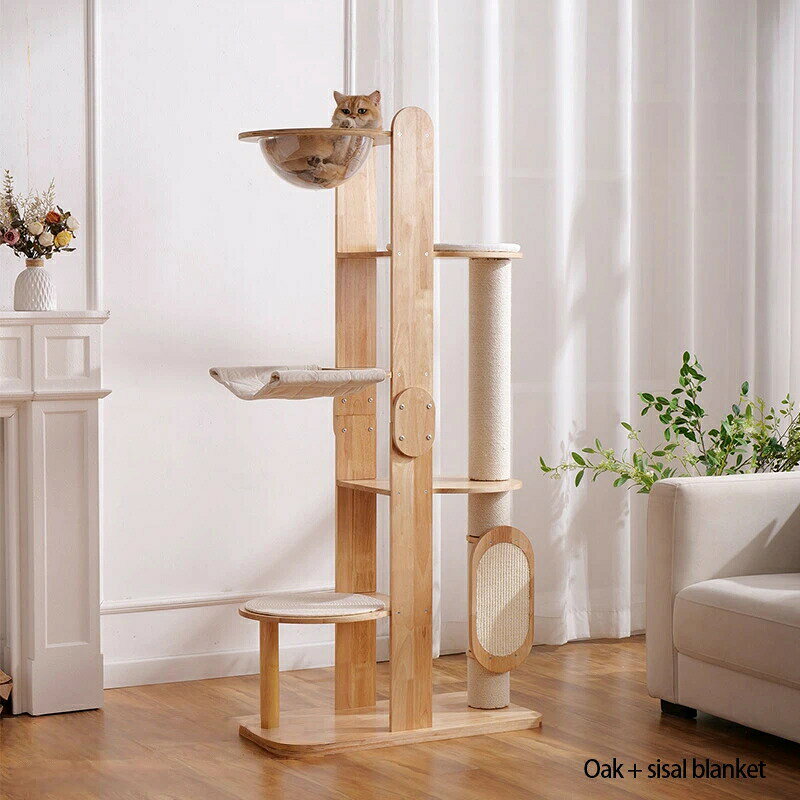 Rakuten - 省スペース キャットタワー 猫タワー 猫のベッド 一体型 天然木 爪とぎ付き 剣麻 スリム 小型向け スペースシャトル風 室内用 ペット家具