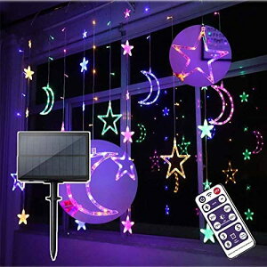 ソーラー イルミネーションライト 星 月 ストリングライト 屋外 カーテンライト 3.5m 138LED 8種類モード リモコン付き タイマー機能 防水 省エネ 電飾 クリスマス パーティー 新年 祝日 結婚式 庭対応 マルチカラー