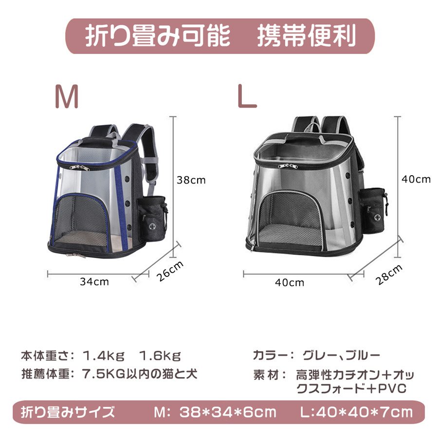 ペットキャリーバッグリュック犬キャリーバッグペットリュックサック猫キャリーバック透明ペットバッグ通気性安定性抜群犬猫小動物適用旅行通院散歩電車移動避難適用Mサイズ