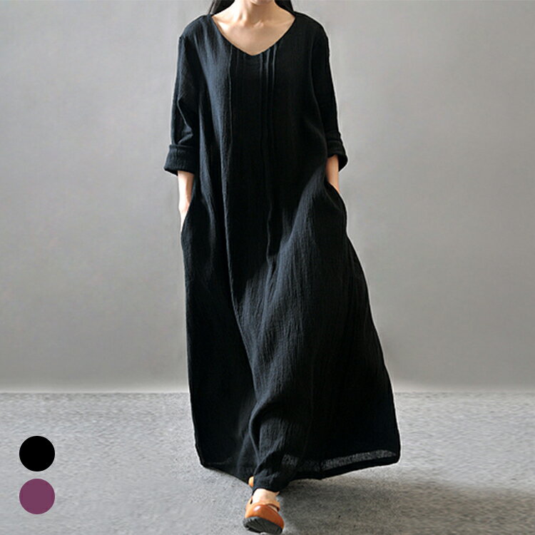 Vネック マキシ丈ワンピース レディース 秋 長袖 ワンピース リネン 無地 抜け感 細見え ロング 大きいサイズ オーバーサイズ カジュアル ンナー ルームウェア ワンマイルウェア マタニティ送料無料のサムネイル