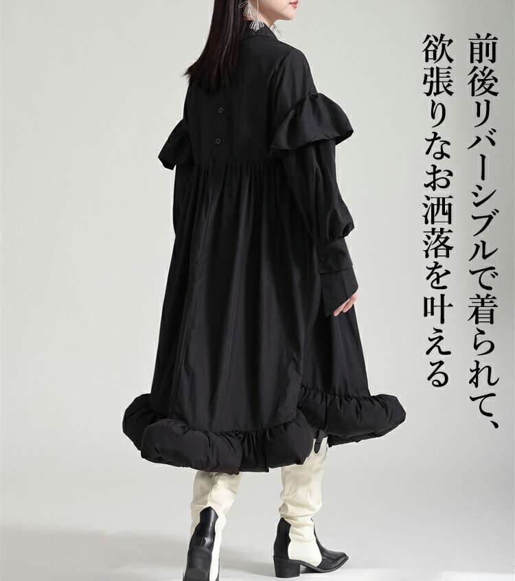 前後2wayフリルワンピース ワンピース レディース 長袖 フリルデザイン アシンメトリー ロングワンピ シャツワンピース 落ち感 モード系 個性的 ユニセックス 大人 カジュアル ゆったり きれいめ オフィス 楽ちん 秋冬とらみ 送料無料