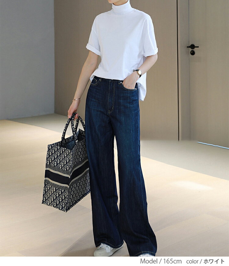 接触冷感涼しいtシャツレディース夏半袖ストレッチドロップショルダーボトルネックハイネックゆったり無地カットソートップスuvカットサイドスリットおしゃれ綿夏服送料無料一部即納