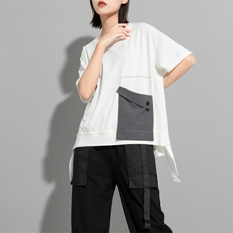 Tシャツ レデイース 春 夏 半袖大きいサイズ ゆったり ワイド 無地 異素材 切替トップス クルーネック ラウンドネック モード系 大人 可愛い カジュアル 送料無料 プレゼント