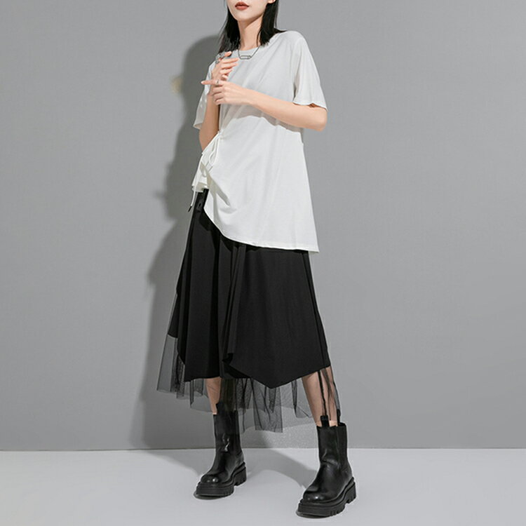 50%OFF!裾変形デザイン アシンメトリー ロングTシャツ モード プリーツ トップス ...