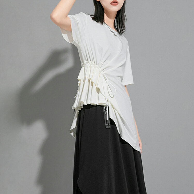 50%OFF!裾変形デザイン アシンメトリー ロングTシャツ モード プリーツ トップス ...