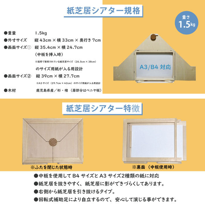 とらねっとショップのオリジナル紙芝居舞台　木枠　舞台　送料無料　窓サイズ（360mm×247mm） 紙芝居　紙芝居舞台　紙芝居枠　A3対応　B4対応｜アングル2