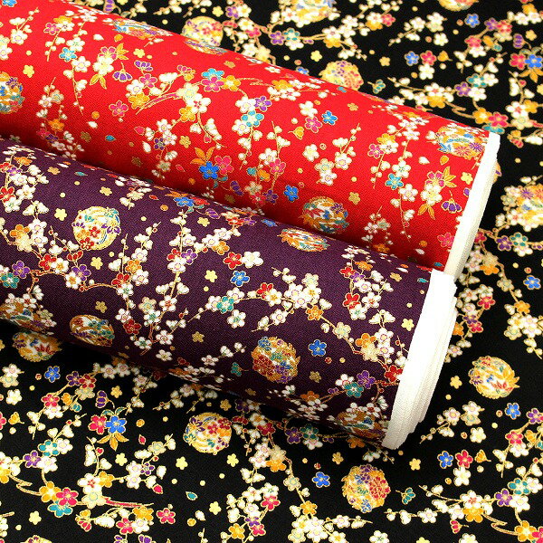 【10cm単位価格】 まりとお花 金ラメ 桜 毬 和柄 民芸 シーチング 綿100％ 生地 布 約1 ...