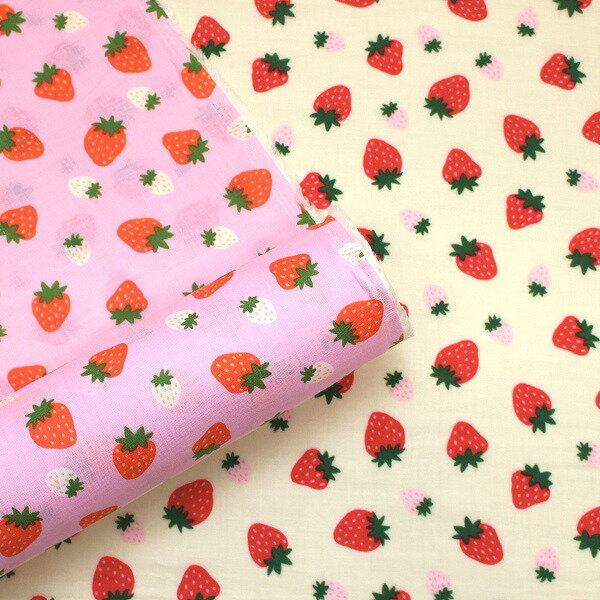 【10cm単位価格】 ころころいちご イチゴ 果物柄 ガーゼ ダブルガーゼ 綿100％ 生地 布 約110cm幅 DKI 入園入学 ゆうパケット2m対応 （ ハンドメイド 手作り ベビー スタイ バッグ 手芸 入園 入学 巾着 雑貨小物 日本製 ）
