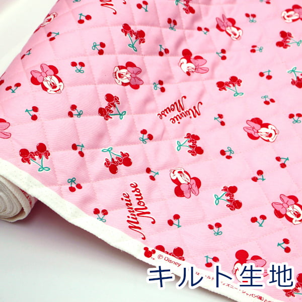 【10cm単位価格】 ミニーマウス ピンク チェリー オックス キルト キルティング 綿100％ 生地 布 約105cm幅 GRQ-1152 入園入学 キャラクター 無料レシピ ゆうパケット0.5m対応（ ハンドメイド 手作り バッグ 手芸 巾着 日本製 ディズニー ）