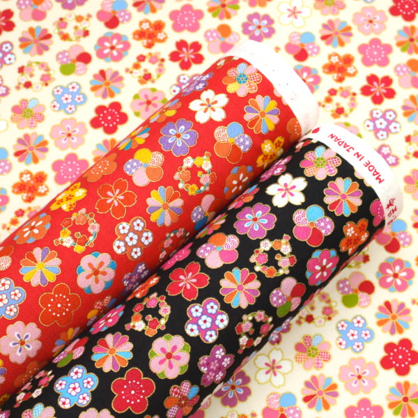  お花モチーフ 花柄 金ラメ 和柄 FUWARI 布和里 染布 スケア シーチング 綿100％ 生地 布 約110cm幅 G500-5 ゆうパケット2m対応 （ ハンドメイド 手作り 衣装 手芸 洋裁 裁縫 巾着 入園入学 パッチワーク 日本製 ）