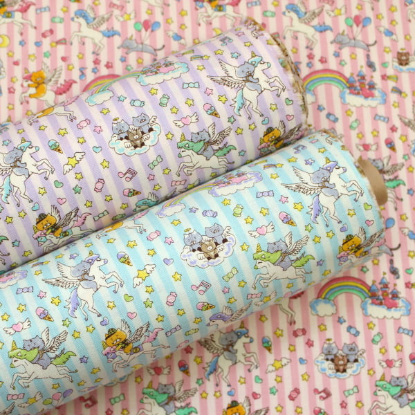  ゆめかわ猫 にゃんこ ねこ ユニコーン ストライプ キャンバス 綿100％ 生地 布 約110cm幅 コットンこばやし KTS7166 ゆうパケット2m対応 ( ハンドメイド 手作り 日本製 手芸 裁縫 巾着 雑貨小物 入園入学 ）