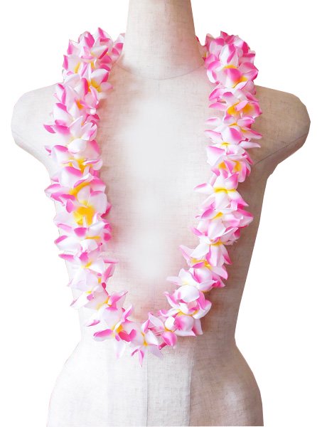 フラダンス衣装　レイ　ハワイ　花飾り　イベント　フラ ハワイアンレイ　フラワーレイ　PK-PUNA　プルメリアプナレイ　ホワイト　ふちピンク　白