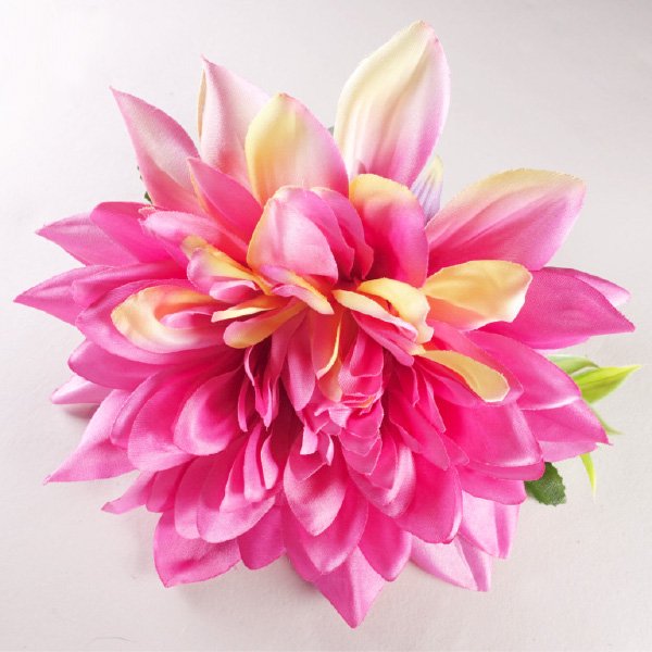 ダリアクリップ（花の直径約20cm） 華やかなピンク系のダリアのアートフラワーを使用したヘアクリップです。 ナチュラルなグラデーションの花びらがとっても自然。 花の直径が約20cmあるのに、軽くてふんわりとしたつくりです。 ダリアを菊に見立てて、和の装いにもお使いいただけます。 サイズ：W20cm×D18cm×H14cm クリップの長さ：12cm・日本製 ※花材は変更になる場合がございます。 ※これを基本としたオリジナルクリップのオーダーを承っております。お気軽にご相談ください。 入荷時期、製造ロットにより色味、質感等が異なる場合がございます。 あらかじめご了承くださいませ。 これを基本としたオリジナルクリップのオーダーを承っております。 お花を追加したり、サイズを変更したりといろいろなアレンジが可能。 お気軽にご相談ください。 サイズはあくまで目安です。個体差があります。 あらかじめご了承くださいませ。 アレンジヘアクリップはお仕立てしてからの発送となります。仕上がりまで1～3週間程度かかります。 お急ぎの場合はおっしゃって下さいませ。できる限りの対応をさせていただきます。 代官山店頭、通販でも販売しているため、「SOLD OUT」表示になっていなくても売切れの場合がございます。あらかじめご了承くださいませ。 ■お安い送料で レイ1本、髪飾り1個など少量のご注文の場合でもシステムの都合上、宅配便の送料が表示されます。その際、こちらから定形外郵便等の更に送料がお安い配送方法をご案内させていただきます。 ■お急ぎの場合 お急ぎの場合、ご使用日が決まっていらっしゃる場合などは、宅配便等で手配をいたします。備考欄にご記入の上、あらかじめお申し付け下さいませ。 ■注意事項 ・製造ロットにより色味や質感が異なる場合がございます。 　あらかじめご了承下さいませ。 ・予告無く製造中止となる場合がございます。また入荷までにお時間の 　かかる場合がございます。そのような状況が判明次第、速やかにご連絡申し上げます。 ・商品画像はお客様のご利用環境によって多少異なった色に見えることがございます。 フラダンス　髪飾り　花飾り　お仕立て　オーダー　レイ　ハワイアンレイ　フラワーレイ　花輪　ふらだんす　パーティー　ディスプレイ　装飾　飾り　お祭り　学園祭フラダンス　髪飾り　花飾り　お仕立て　オーダー　レイ　ハワイアンレイ　フラワーレイ　花輪　ふらだんす　パーティー　ディスプレイ　装飾　飾り　お祭り　学園祭 　