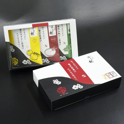 勝僖梅 贅沢茶漬け3種詰合せ(梅茶漬け・山椒茶漬け・ゆず茶漬け 各1袋)紀州南高梅添え 勝僖梅 贅沢茶漬け3種詰合せ(梅茶漬け・山椒茶漬け・ゆず茶漬け 各1袋)紀州南高梅添え