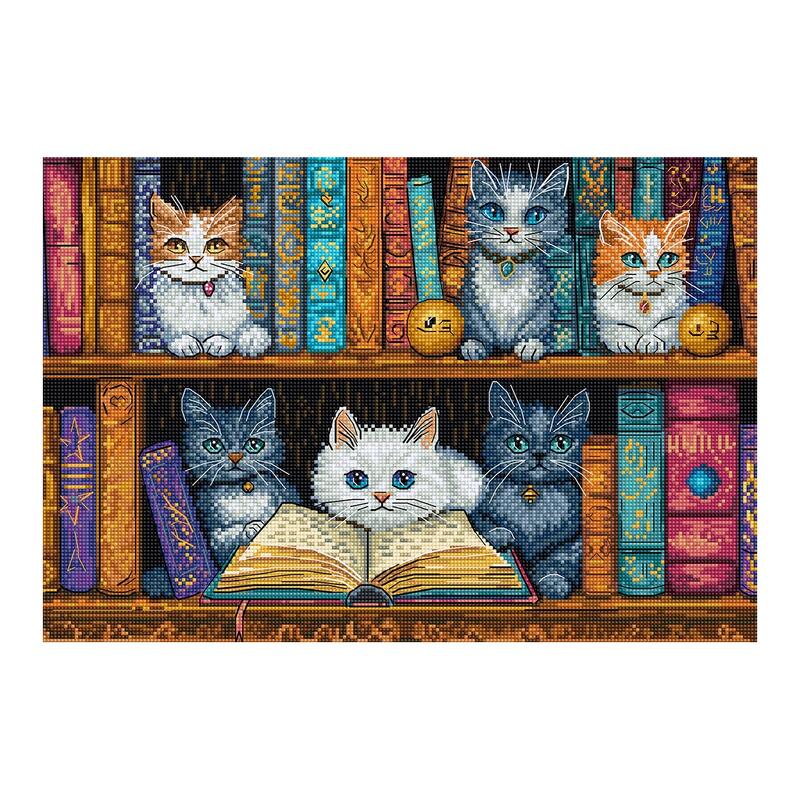 LETISTITCH クロスステッチ刺繍キット L9917 "Bookshelf" (本棚の猫) 【海外取り寄せ/納期45～90日程度】