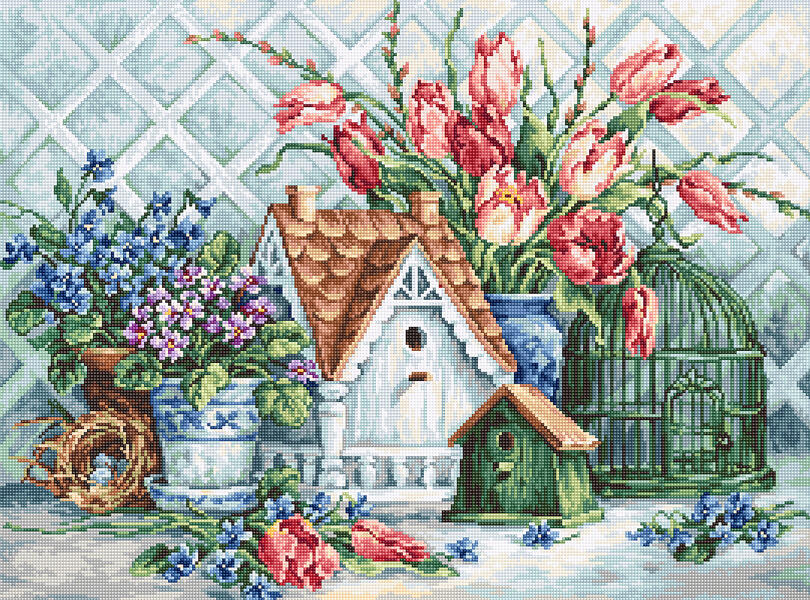 Luca-S クロスステッチ刺繍キット B2395 "Quaint Little Neighborhood" (花と鳥かご) 【海外取り寄せ/納期40～80日程度】